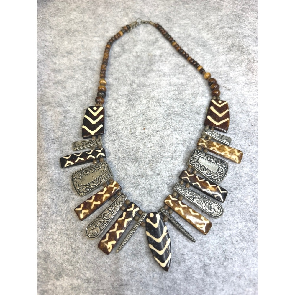 Boho Tribal Bib Statement Necklace Carved Bone Style Silver Tone Metal Brown